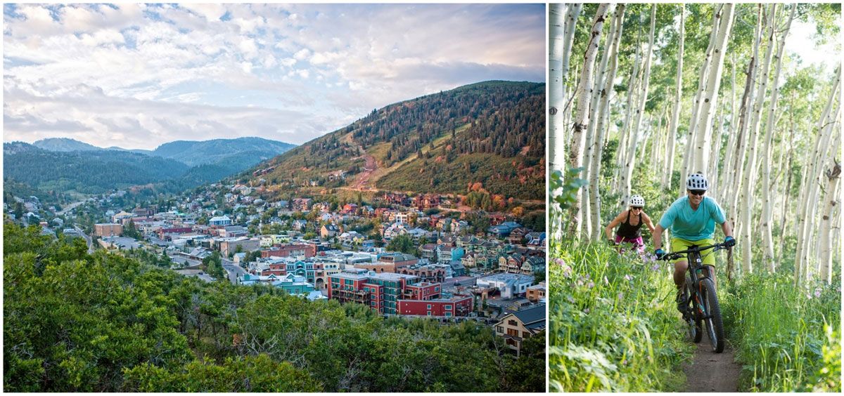 Scenic top view of Park City Main Street and mountains, man and woman riding mountain bikes through Aspens near Park City