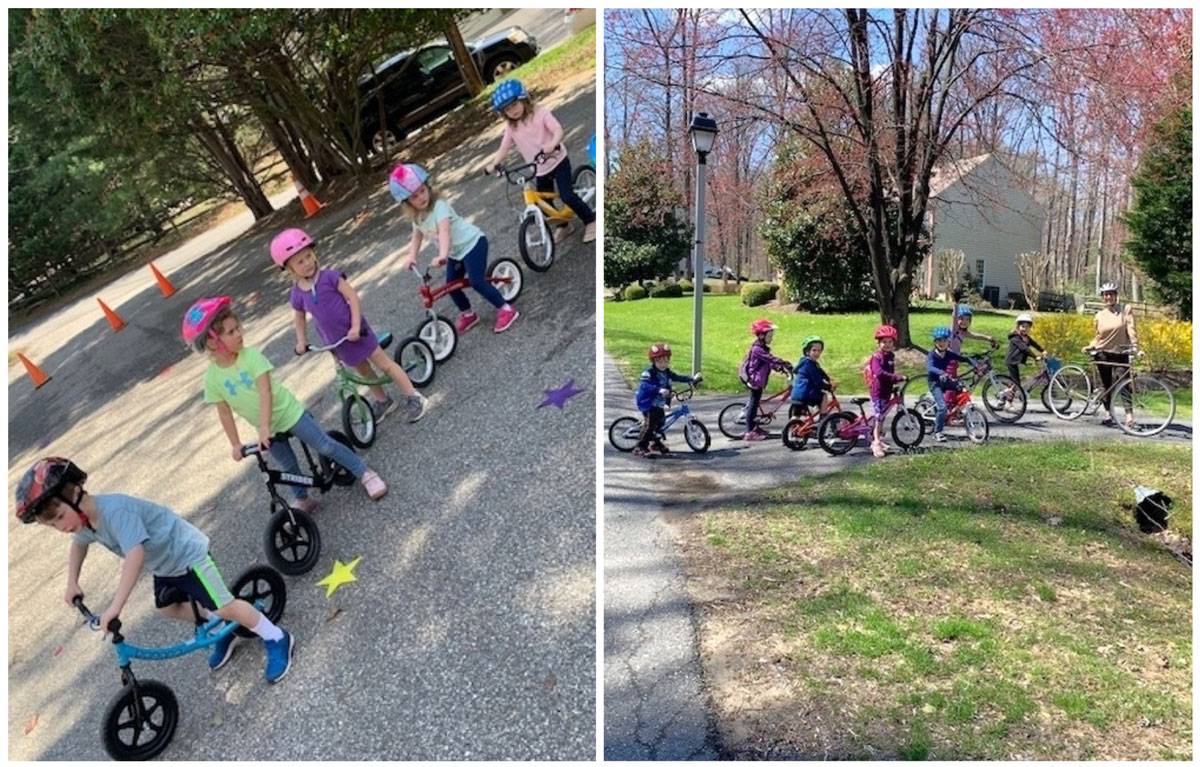 Group of young children doing biking drills at a biking class