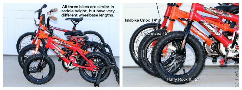 Side by size comparison of Huffy Rock It, Specialized Hotrock 12, and Islabikes CNOC 14 shows how the wheelbase lengths differ.