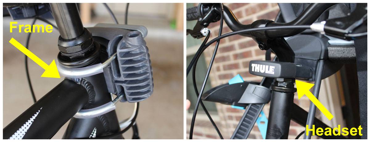 Side by side comparison of Peg Perego Orion child bike seat mounted to frame and Thule Yepp Nexxt Mini child bike seat mounted to headset.