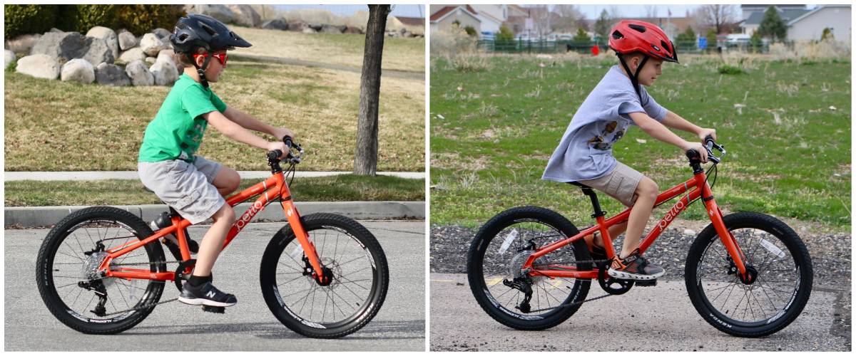 Side by side size comparison of 7 and 8-year-olds riding Pello Rover 20" kid's bike