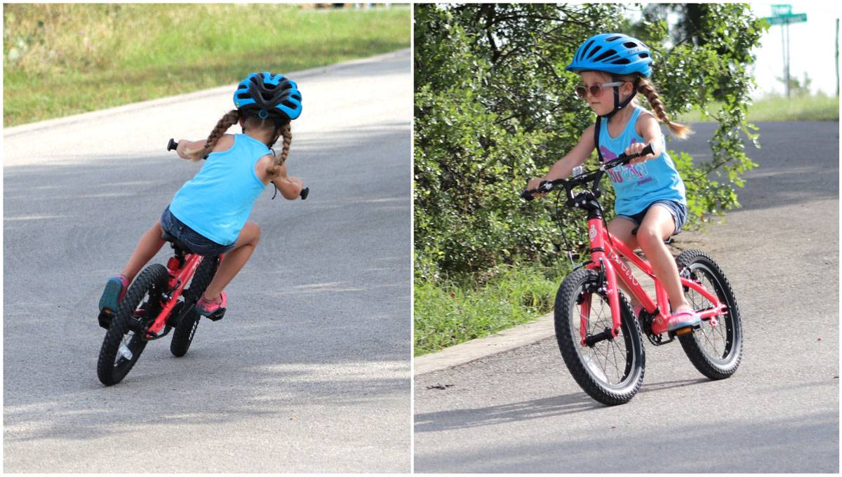 4 year old girl riding Pello Revo 16" bike - leaning into turns