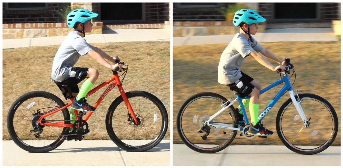 8-year-old riding Pello Reyes and woom 5. Side shot showing that he is relatively upright on both bikes, but a little more on the Pello