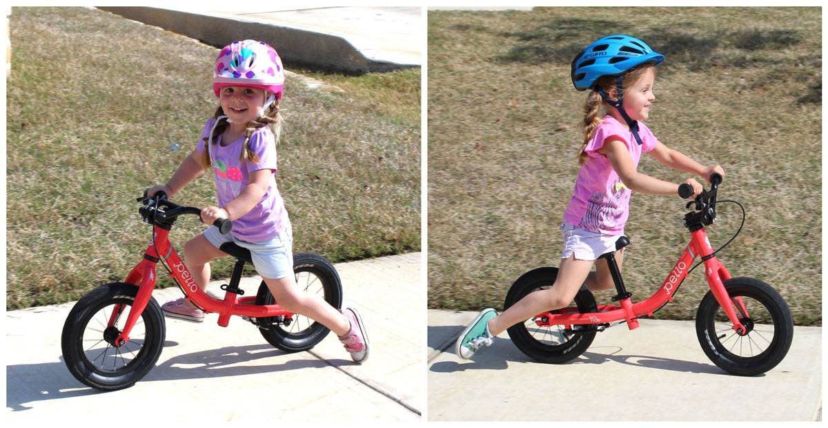 3 year old and 4 year old riding Pello Ripple down sidewalk