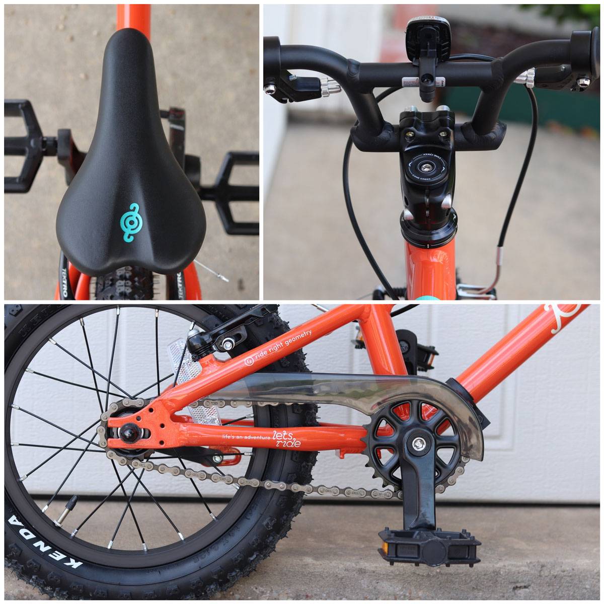 close up images of the pello romper saddle, headset and the drivetrain