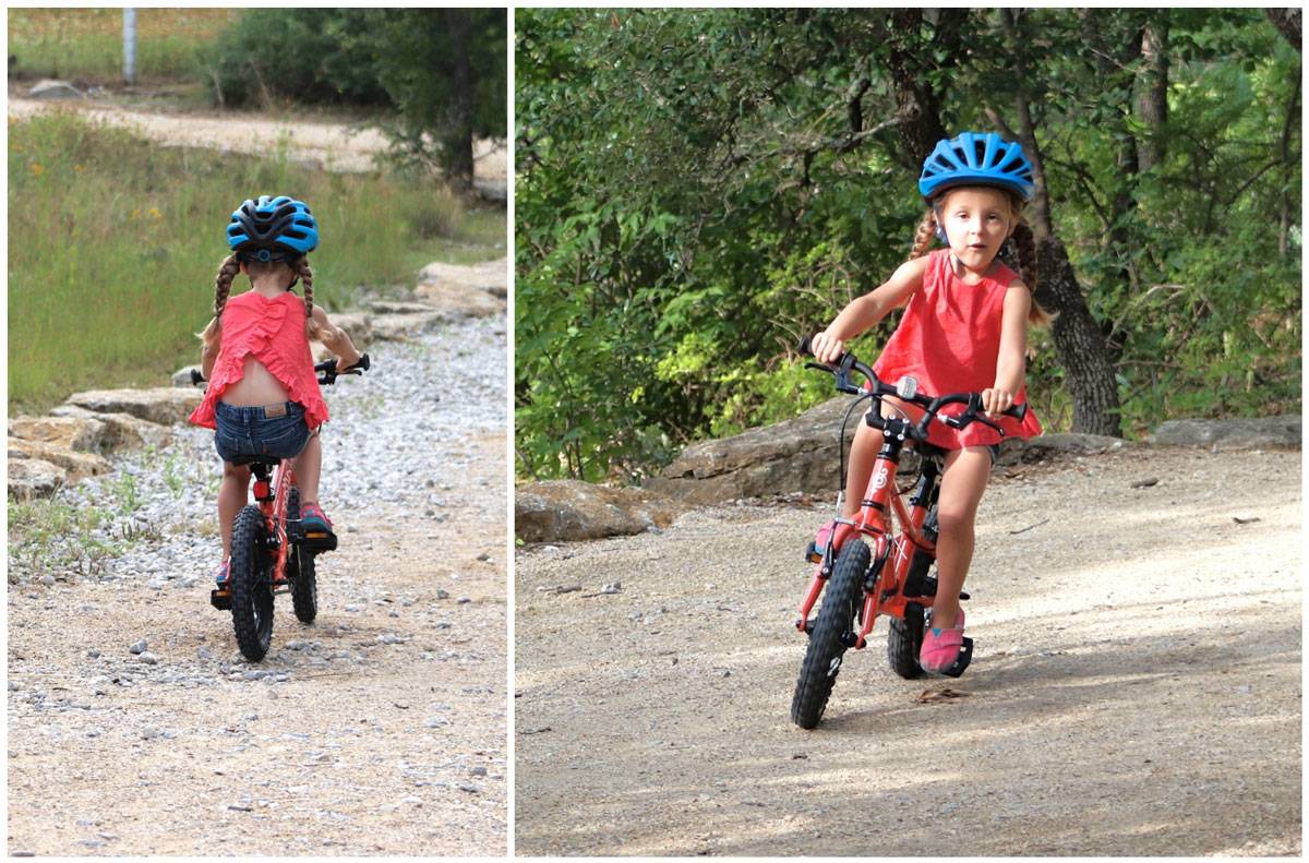 4 year old riding Pello Romper on dirt trail. View from front and rear.