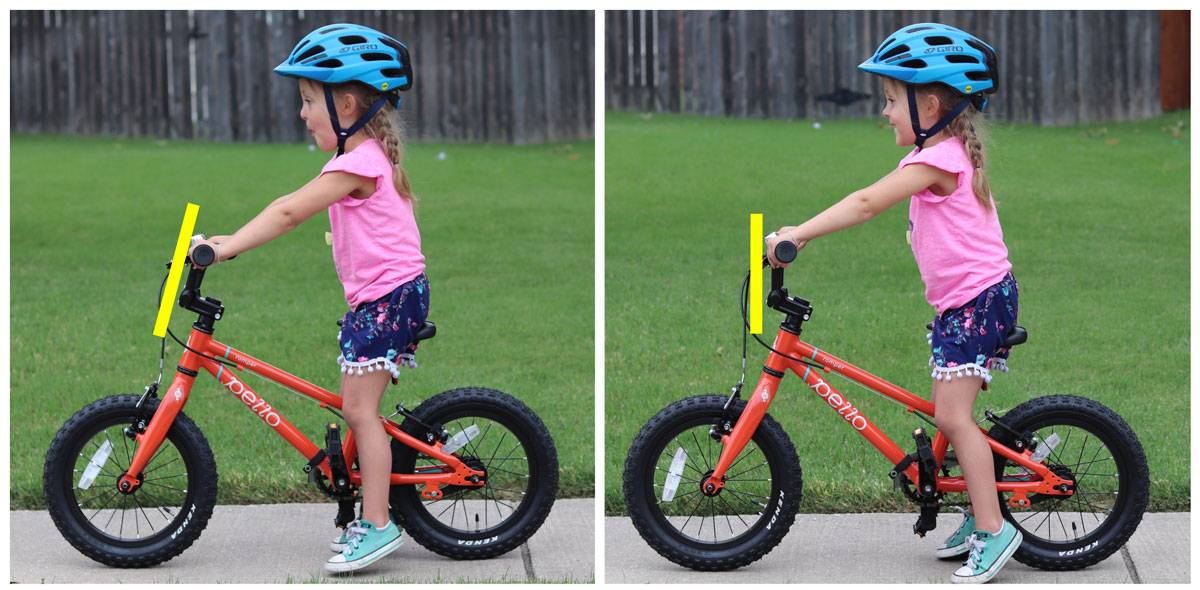 4 year old rider on the Pello Romper 14" kid's bike with handlebars rotated forward and back.