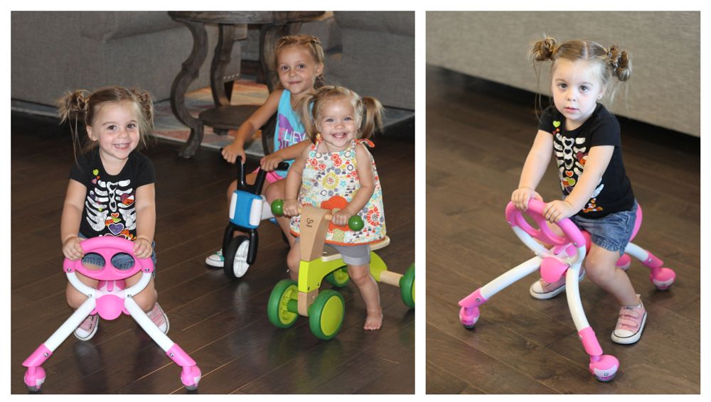 2.5-year-old riding YBIKE Pewi, 16-month-old riding Hape Scoot Around, and 3-year-old riding Chillafish Bunzi.