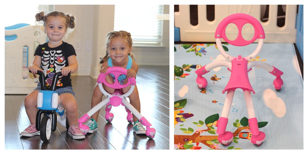 2.5-year-old on Chillafish Bunzi next to a 3-year-old on YBIKE Pewi. Pewi in a child's play pen looks like a tiny person.