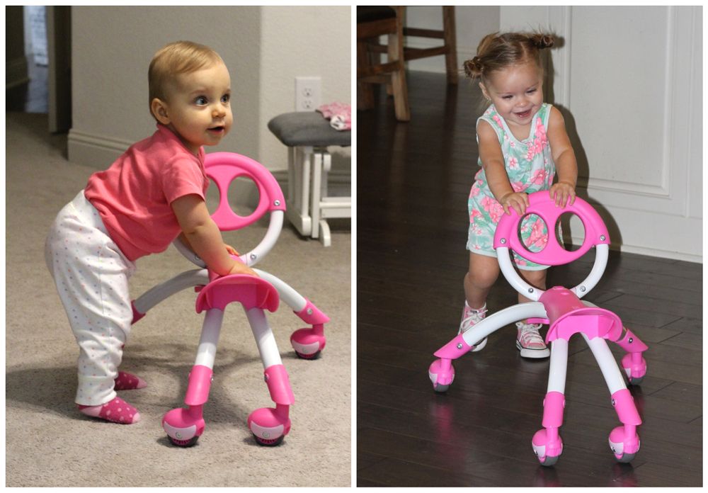 11-month-old using the Pewi as a walking buddy on carpet, 16-month-old using the Pew as a walking buddy on a wood floor.