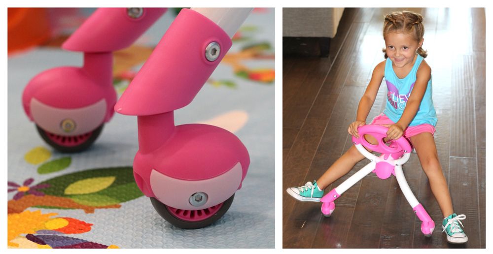 Close up of YBIKE Pewi's caster wheels, and 3-year-old gliding on the Pewi on a wood floor.