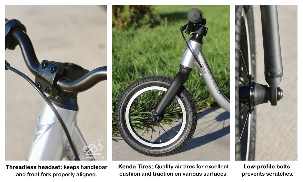 Prevelo Alpha Zero's high-end components. Threadless headset: keeps handlebar and front fork properly aligned. Kenda tires: quality air tires for excellent cushion and traction on various surfaces. Low-profile bolts: prevents scratches.