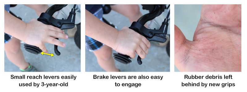 Prevelo Alpha Zero small reach levers are easily used by 3-year-old. Rubber debris left on hands by new grips.
