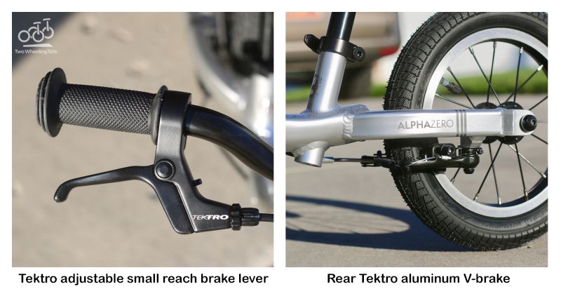 Tektro adjustable sm all reach brake lever on the Prevelo Alpha Zero balance bike. The rear Tektro aluminum v-brake.