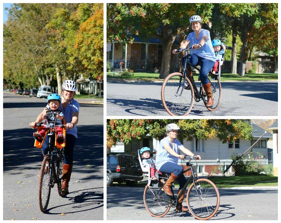 Mom riding the Priority Classic Plus with her son on a child bike seat