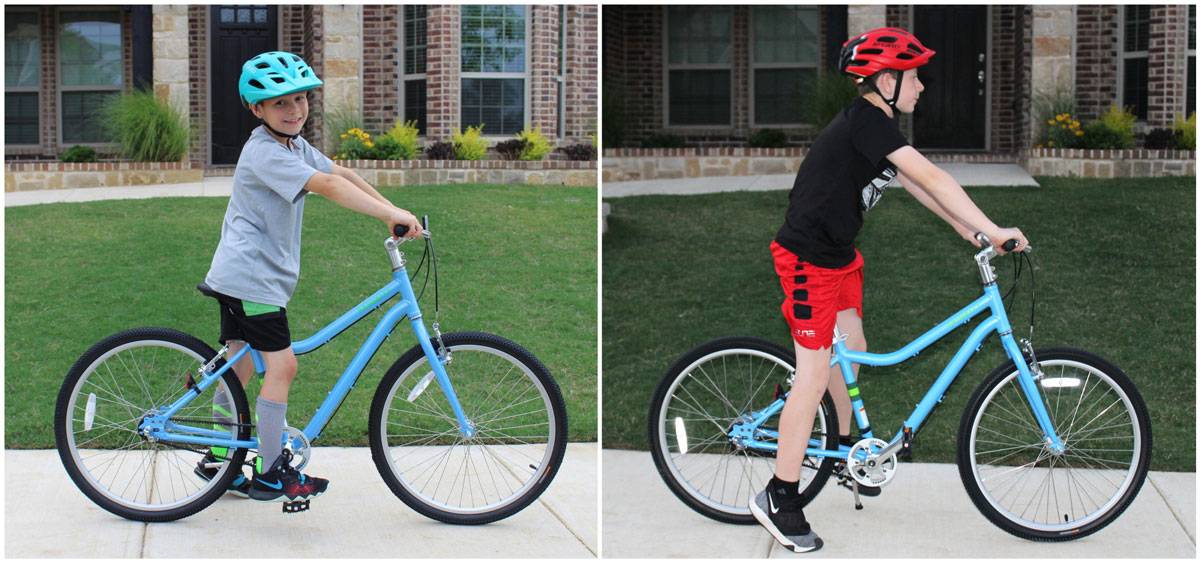 Two boys on Priority Start 24 inch kid's bike. Side by side comparison for sizing