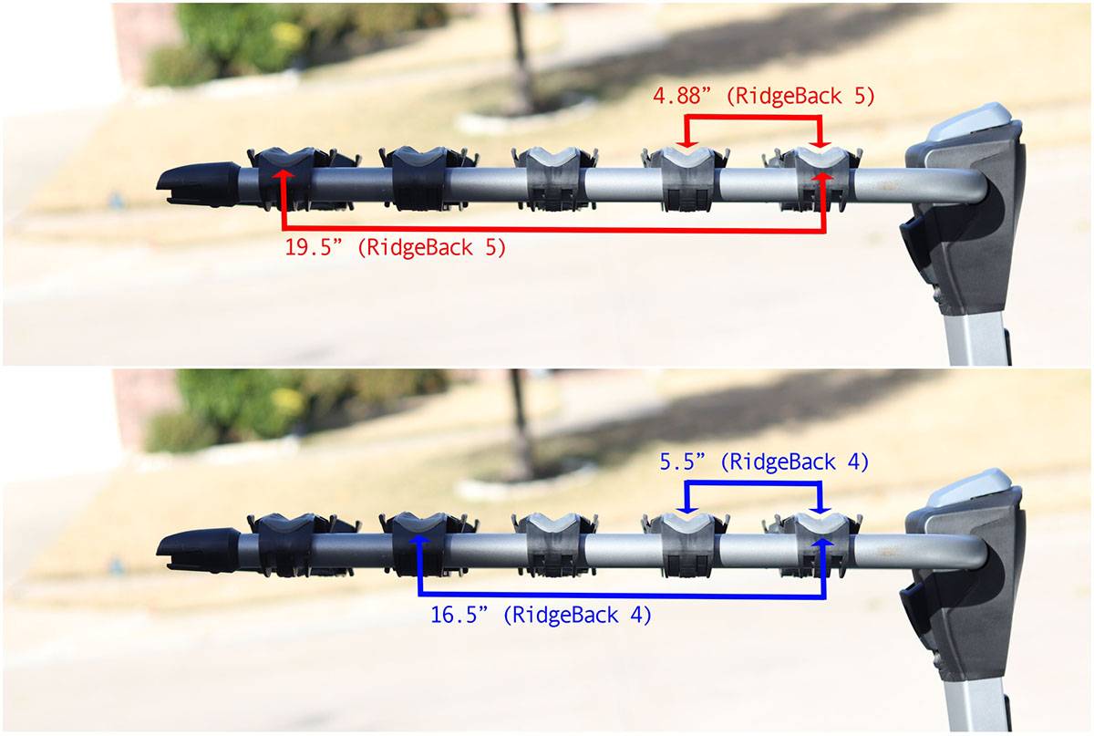 Spacing of the Yakima hanging bike rack RidgeBack 5 versus the RidgeBack 4. Side by side comparison of closeness of cradles.