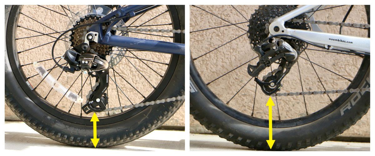 Low hanging derailleur of REI Kids bike vs high-end woom OFF