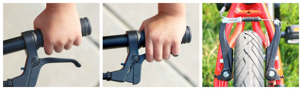 child hand pulling a brake on the raleigh rowdy kids bike
