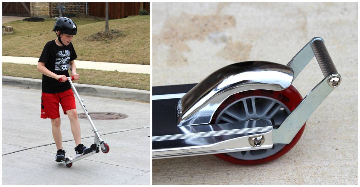 boy doing wheelie with the wheelie bar on the Razor A2 kick scooter