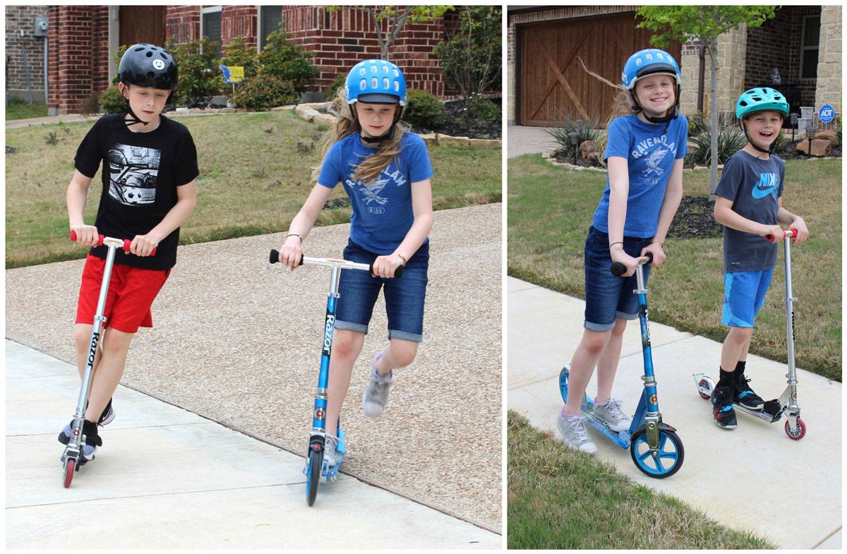 10-year-old boy riding the Razor A2 kick scooter in his neighborhood with his 10-year-old sister riding the Razor A5