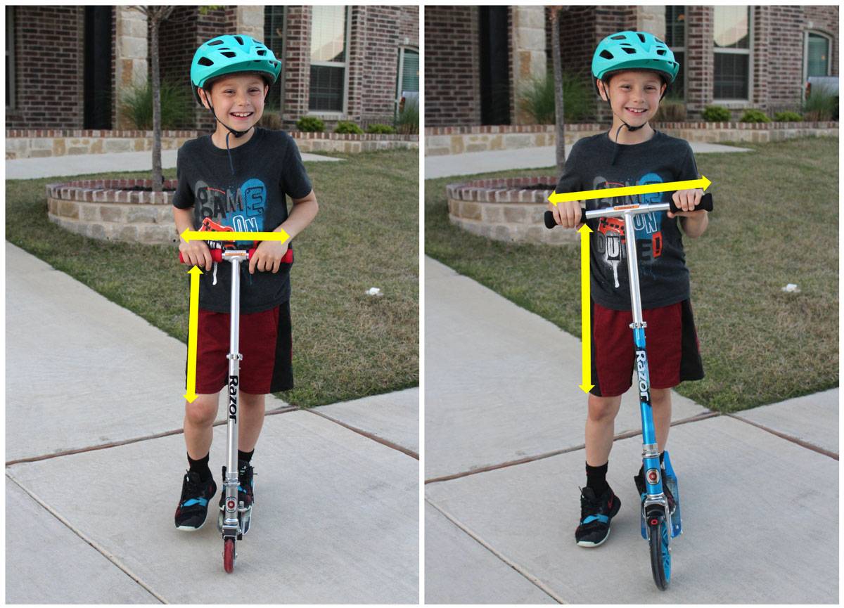 Side by side comparison of handlebar height and width differences between the Razor A2 and A5 kids scooters