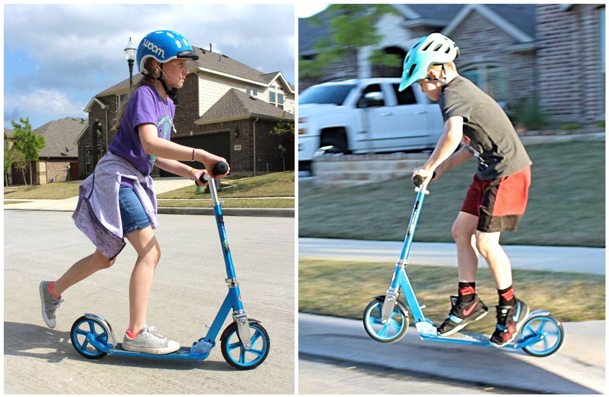 young girl strolling along on the Razor A5 lux scooter. 8-year-old brother jumping off the curb with the same scooter.