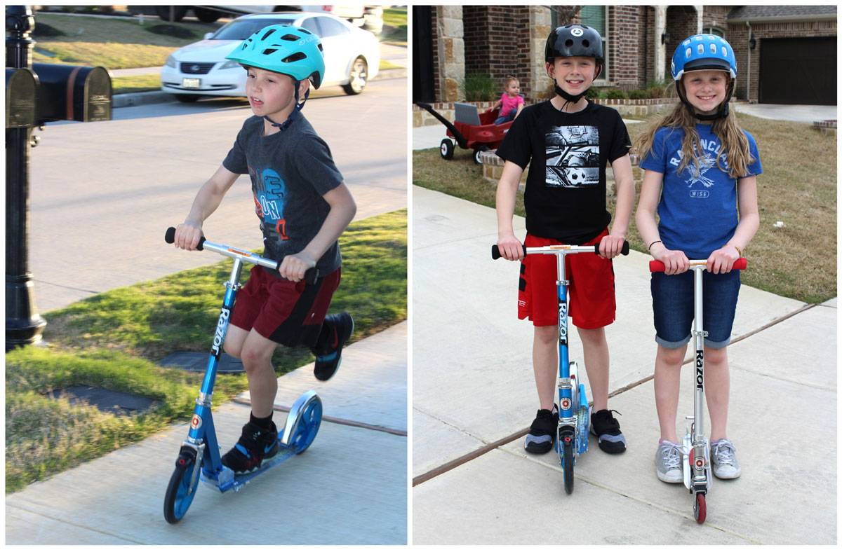 boy riding fast down the sidewalk on the Razor A5 lux kick scooter.
