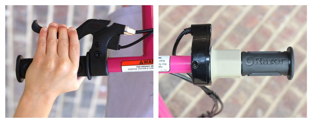 Child pulling brake on Razor E100 electric scooter and throttle on Razor E100.