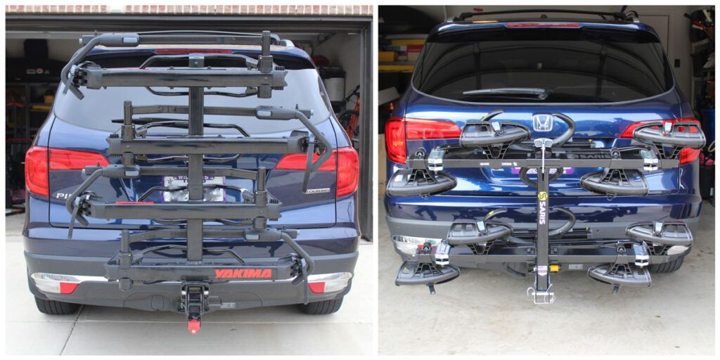 side by side image of the Yakima HoldUp Evo bike rack blocking the rear window of an SUV next to the Saris Superclamp that is not