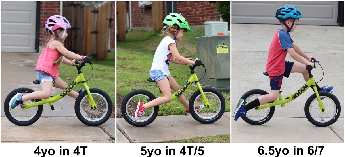 Side by side comparison of 4 year old, 5 year old, and 6.5 year old on Ridgeback Scoot XL balance bike. They are all a great fit.