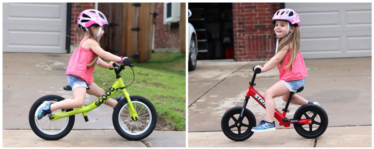 Side by side comparison of Ridgeback Scoot XL and Strider with 4 year old. The Strider is more cramped.