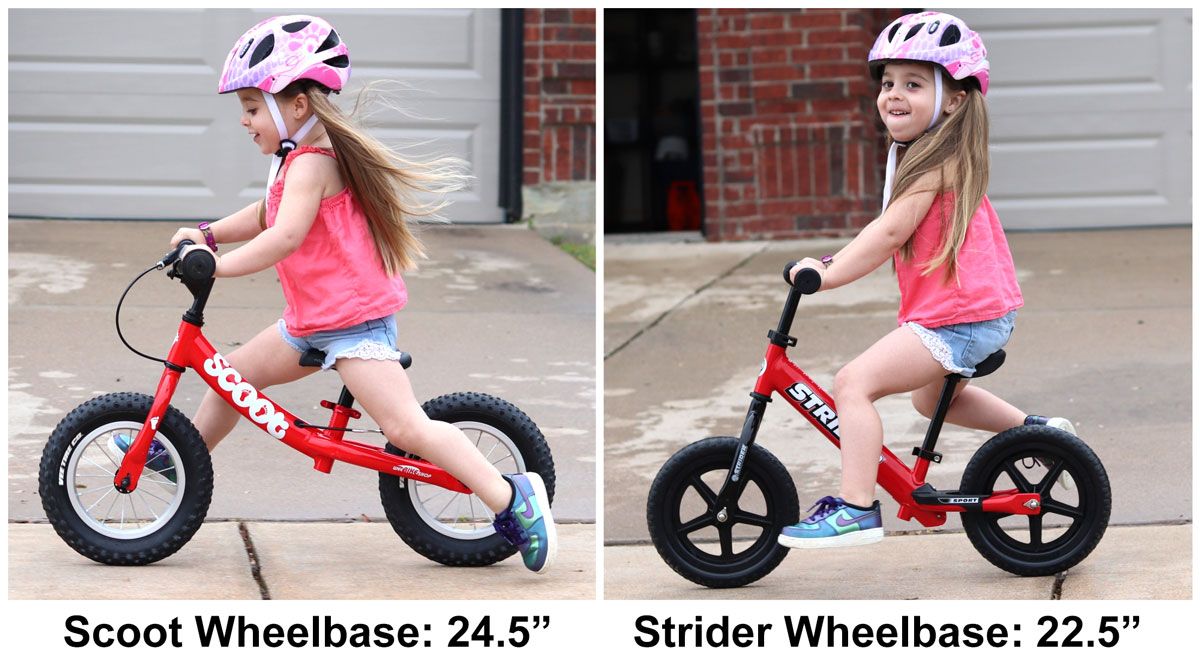 Side by side comparison of RIdgeback Scoot and Strider balance bikes. The Scoot is 2 inches longer than the Strider.