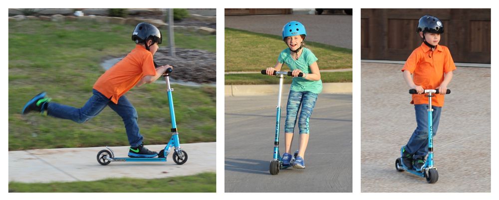 3 images of the Micro Rocket in action, gliding down neighborhood streets.