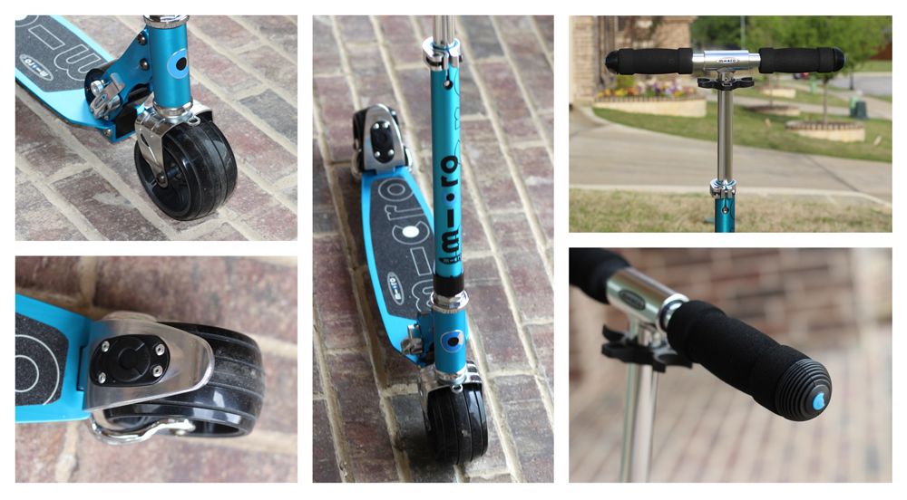 Collage of high-quality components of Micro Rocket Scooter - 1) Fat front wheel, 2) Rear brake, 3) Anodized aluminum stem, 4) T handlebars, 5) Rubber grip ends