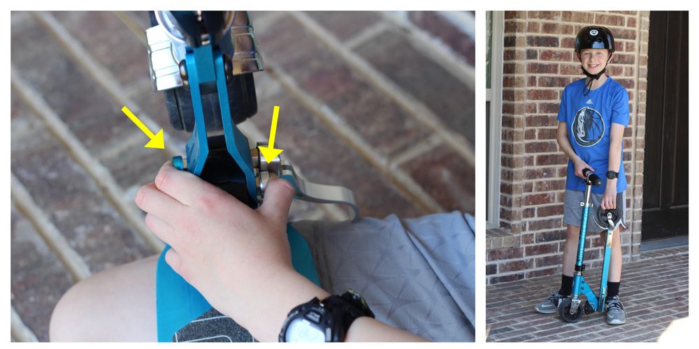 Child pushing the two buttons to fold the Micro Rocket. Same child standing with the Micro Rocket folded.