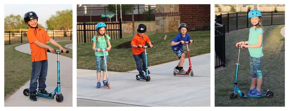 7-year-old and 9-year-old standing and smiling with the Micro Rocket Scooter. Three kids riding scooters - Razor A2, Micro Rocket, and Micro Sprite.