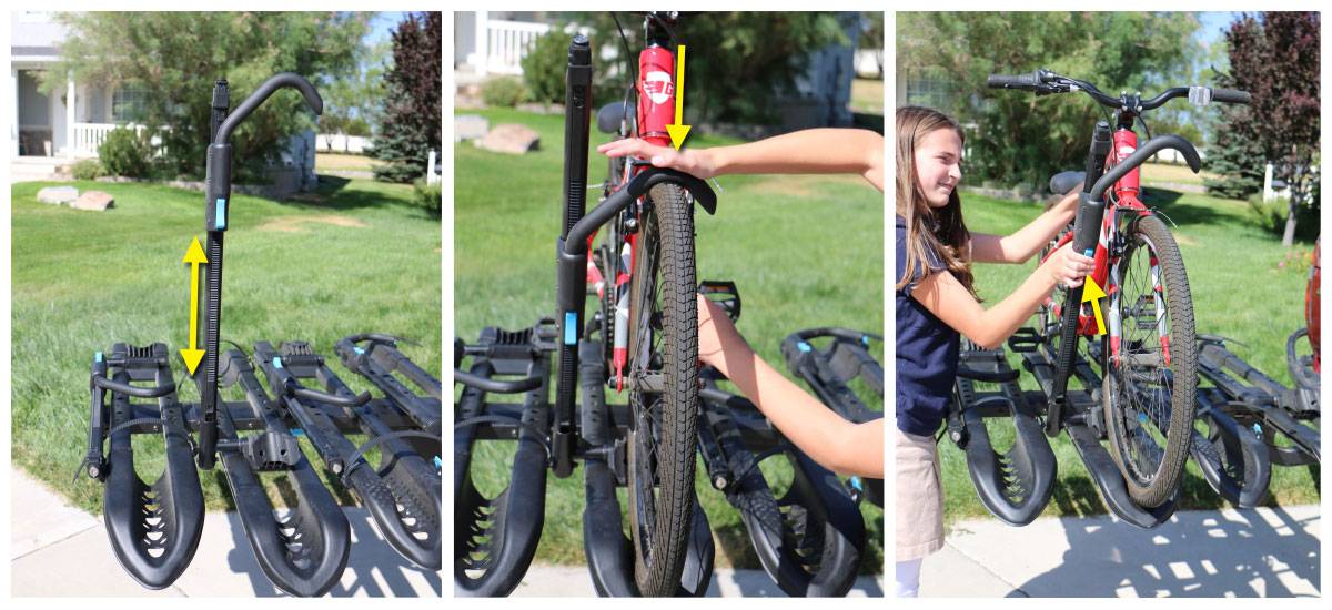 RockyMounts SplitRail LS bike car rack shepherd's hook secured down on the front tire