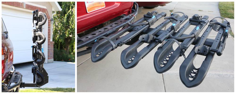 RockyMounts SplitRail LS bike car rack folded up against back of car. Side shot to show sleek profile.