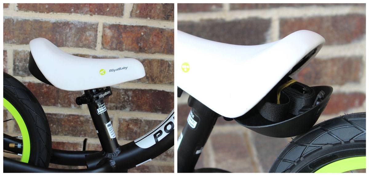 RoyalBaby Balance Bike saddle opens up underneath to store a balance bike carrying strap