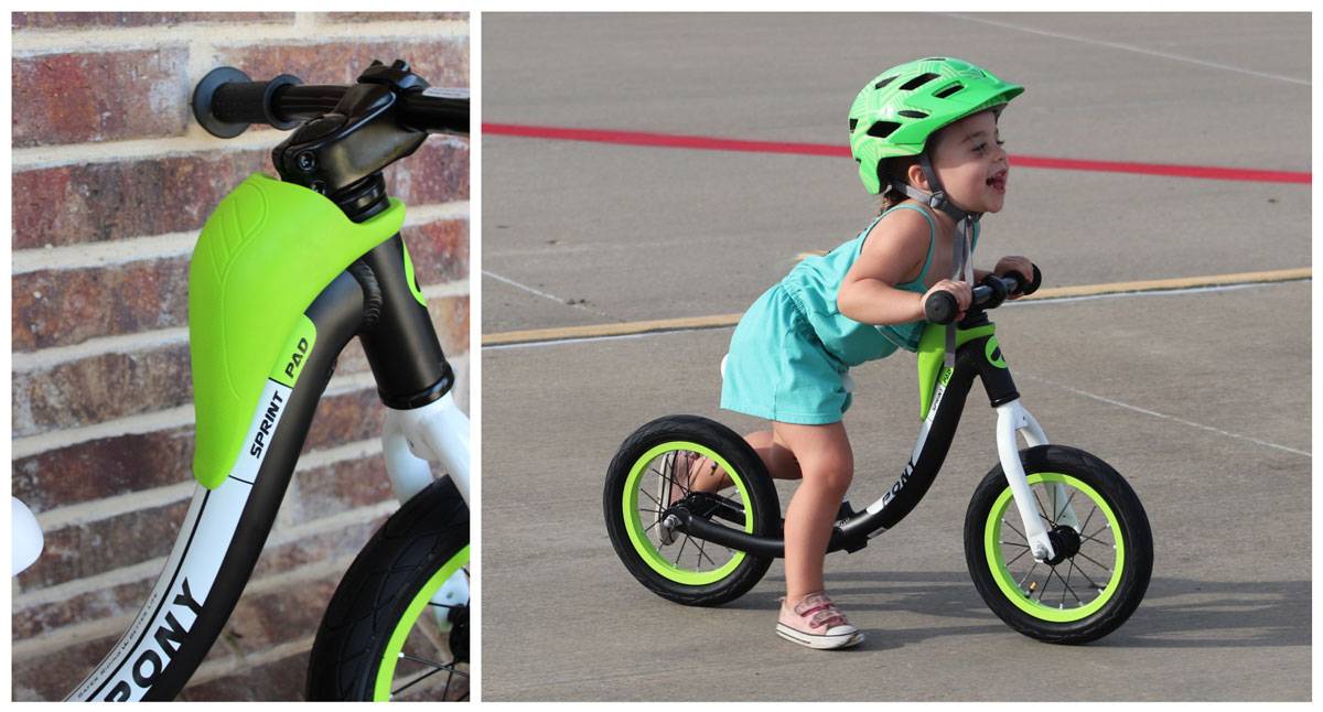 3 year old riding RoyalBaby Pony balance bike, leaned forward with chest on sprint pad