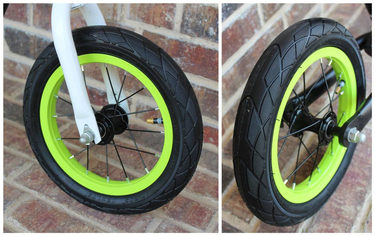 Air tires with colored rims on the RoyalBaby Pony balance bike