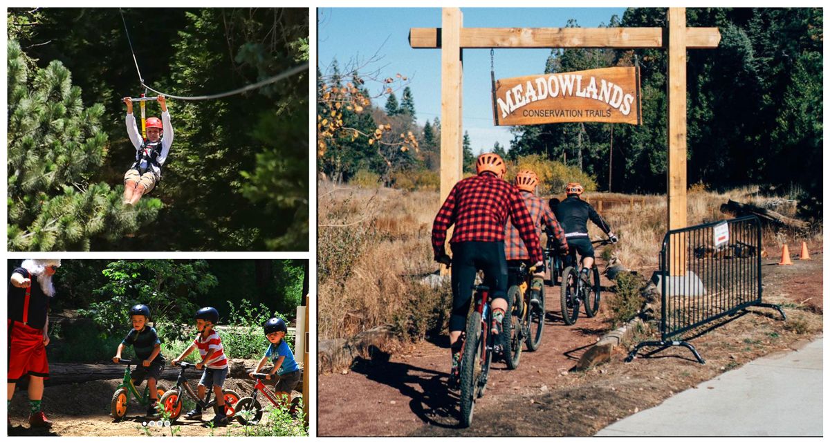 Sky Park at Santa's Village - girl zip lining, three boys on balance bikes, and family biking on trails