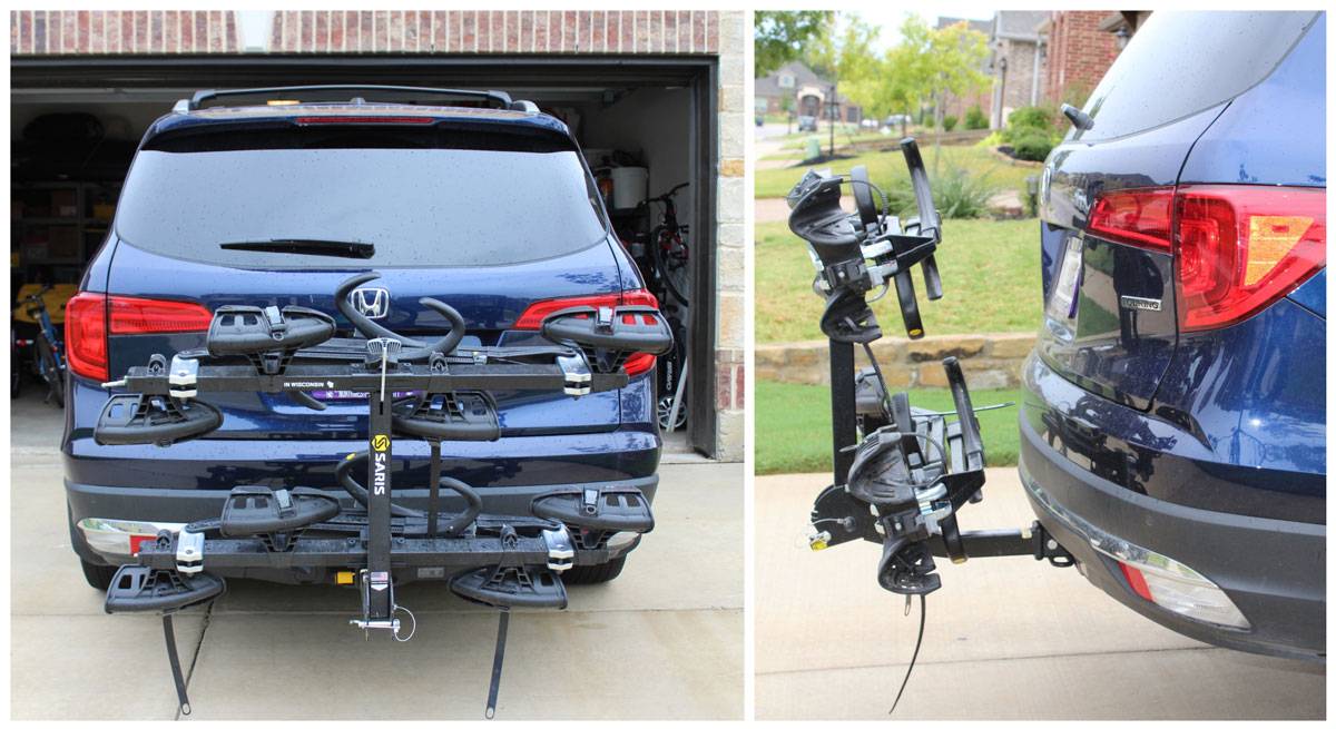 Saris Super Clamp EX 4 bike car rack without any bikes, folded up. Rear shot and side shot to show low profile.