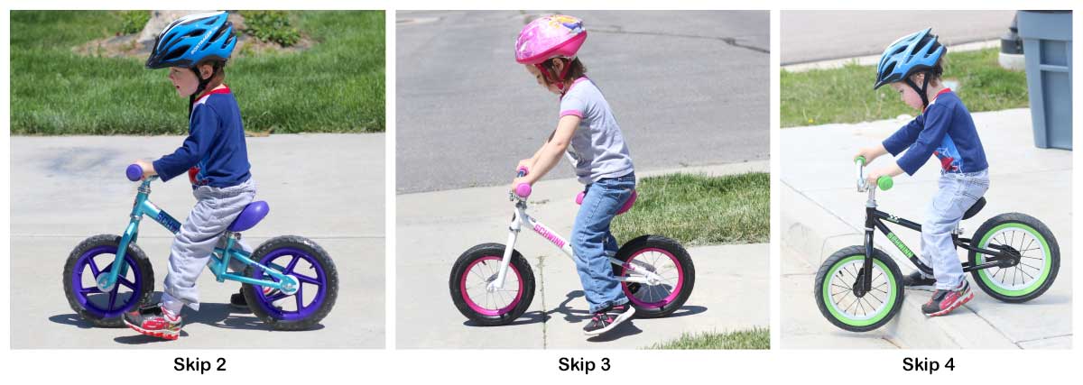 Same child riding a Schwinn Skip 2, Skip 3, and Skip 4 balance bike.