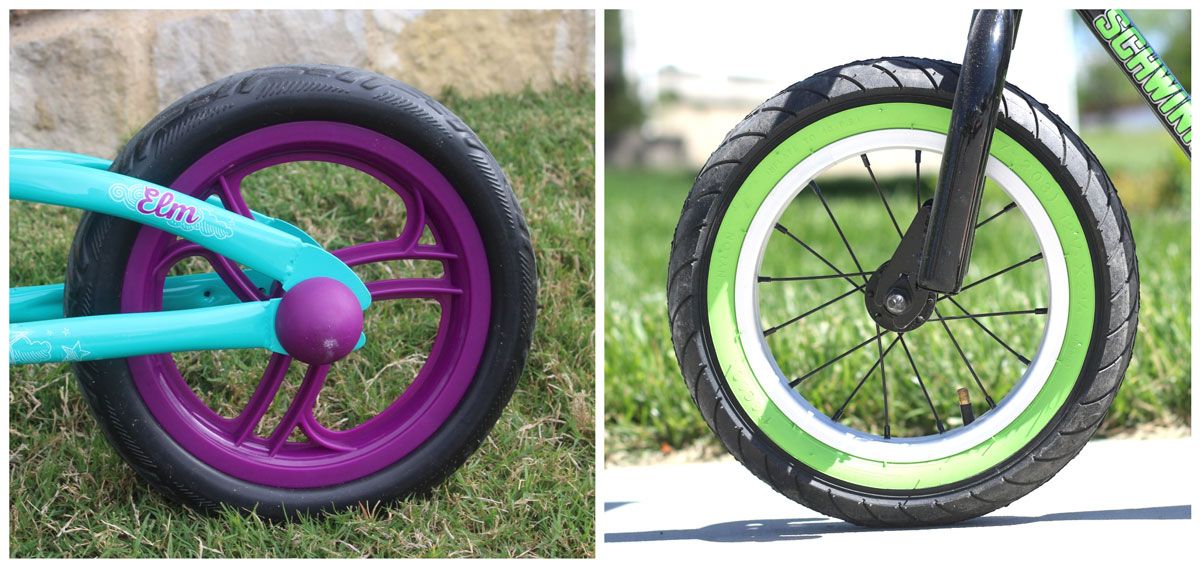Side by side comparison of foam tire on Schwinn Elm balance bike and air tire on Schwinn Skip 4 balance bike