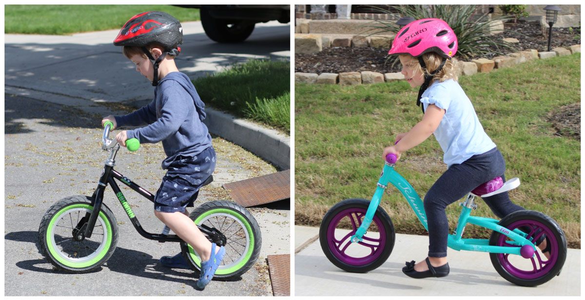 Side by side comparison of child's body position on Schwinn Skip 4 and Schwinn Elm balance bikes. The child on the Skip 4 is more upright.