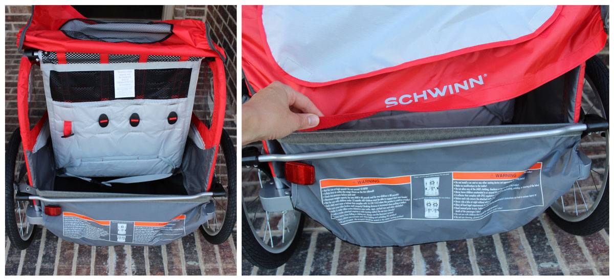 Rear storage on the Schwinn Trailblazer bike trailer has a low compartment that is secured by a flimsy cover and velcro