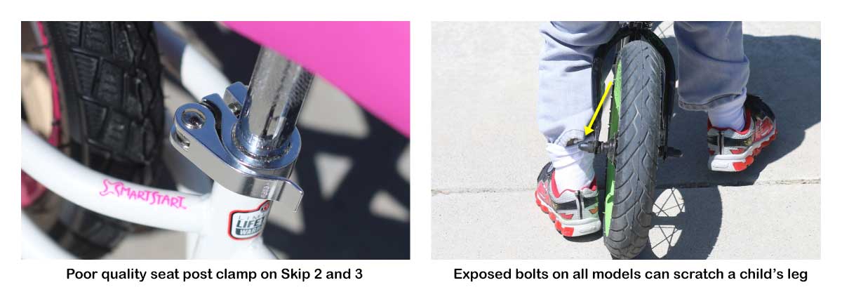 Upclose shot of poor-quality seat post clamp on Skip 2 balance bike, and exposed bolts on all Schwinn balance bike models can scratch a child's leg.