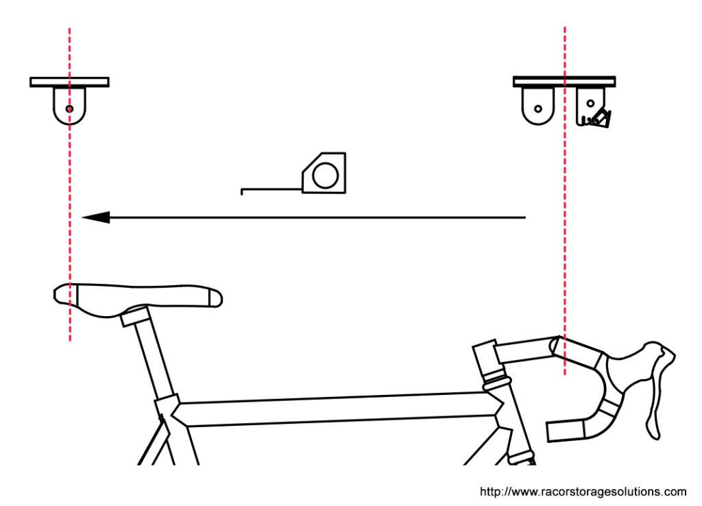 Installation diagram for Racor ceiling bike hoist. Shows that pulleys must be installed directly above the bike seat and the bike handlebars.